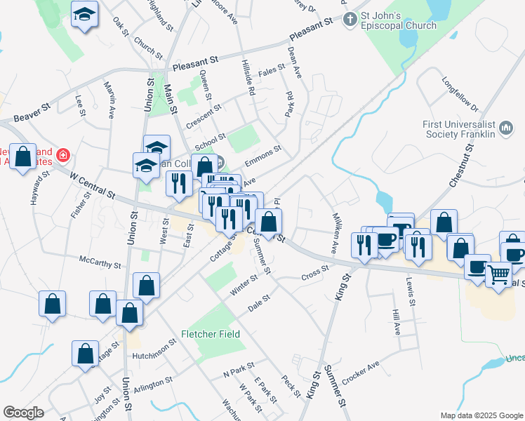 map of restaurants, bars, coffee shops, grocery stores, and more near in Franklin