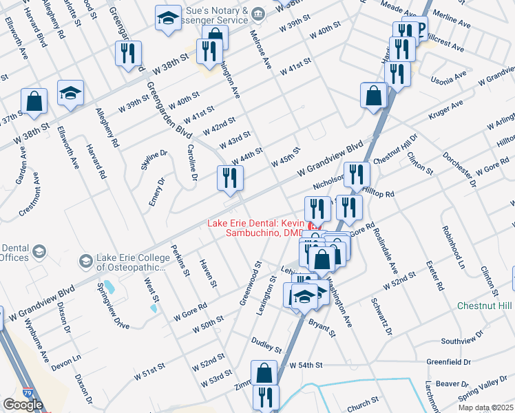map of restaurants, bars, coffee shops, grocery stores, and more near 1604 High Street in Erie