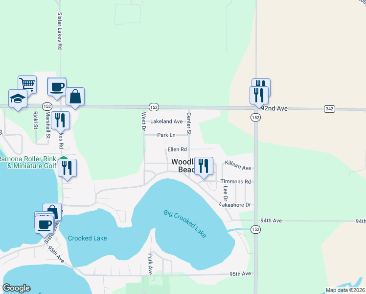 map of restaurants, bars, coffee shops, grocery stores, and more near in Woodland Beach