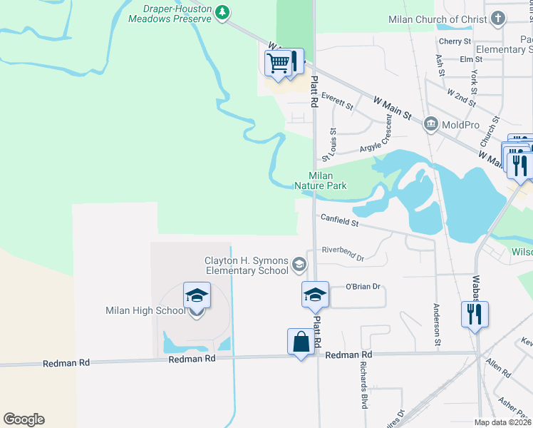 map of restaurants, bars, coffee shops, grocery stores, and more near 330 South Platt Road in Milan