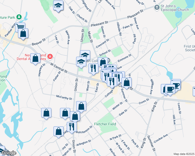 map of restaurants, bars, coffee shops, grocery stores, and more near 11 East Street in Franklin