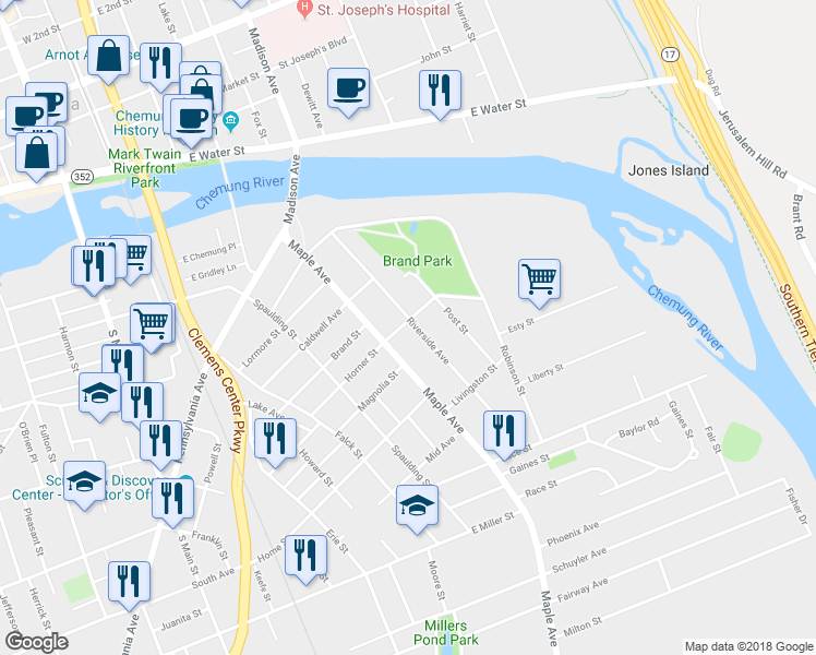 map of restaurants, bars, coffee shops, grocery stores, and more near 550 Riverside Avenue in Elmira