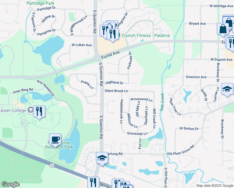 map of restaurants, bars, coffee shops, grocery stores, and more near 5710 Silent Brook Lane in Palatine