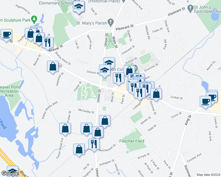 map of restaurants, bars, coffee shops, grocery stores, and more near 105 West Central Street in Franklin