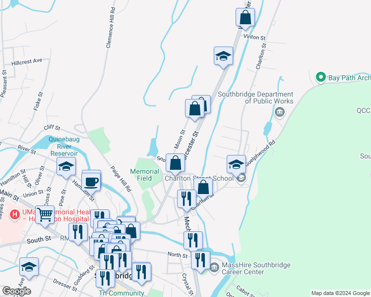 map of restaurants, bars, coffee shops, grocery stores, and more near 187 Worcester Street in Southbridge