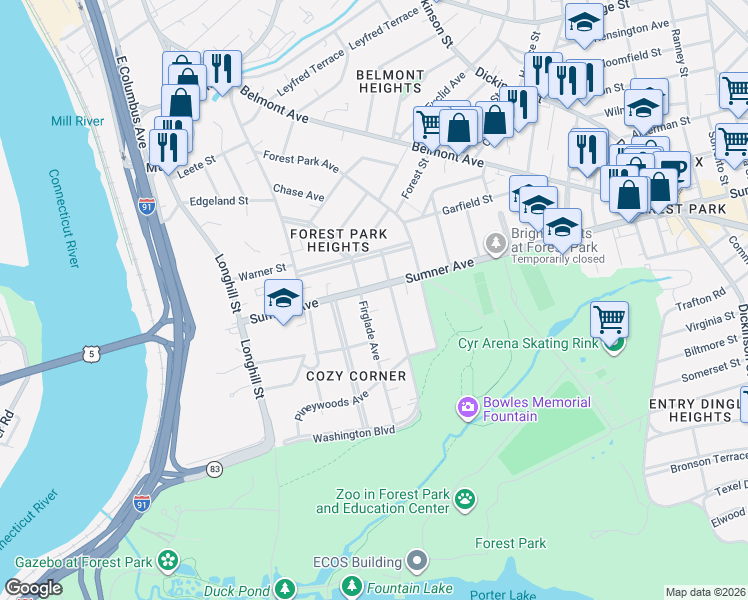 map of restaurants, bars, coffee shops, grocery stores, and more near 145-151 Sumner Avenue in Springfield