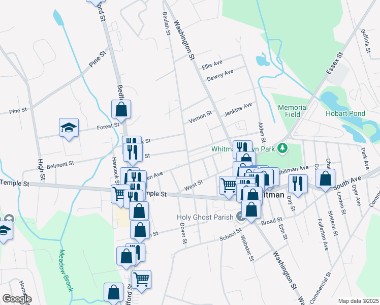 map of restaurants, bars, coffee shops, grocery stores, and more near 100 Myrtle Avenue in Whitman