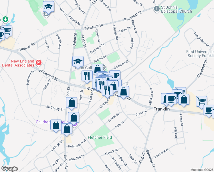 map of restaurants, bars, coffee shops, grocery stores, and more near in Franklin