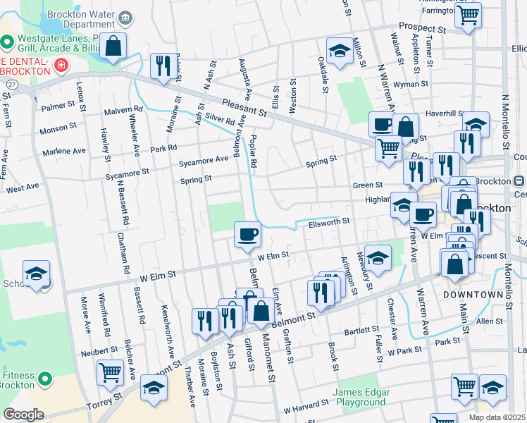 map of restaurants, bars, coffee shops, grocery stores, and more near 336 Green Street in Brockton