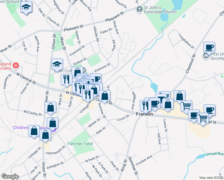 map of restaurants, bars, coffee shops, grocery stores, and more near 60 Alpine Place in Franklin