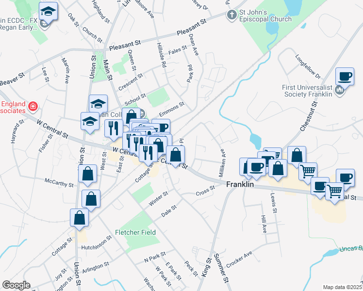 map of restaurants, bars, coffee shops, grocery stores, and more near 60 Alpine Place in Franklin