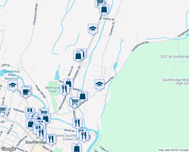 map of restaurants, bars, coffee shops, grocery stores, and more near 49 Columbia Street in Southbridge