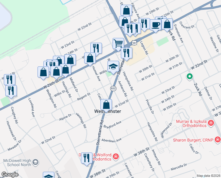 map of restaurants, bars, coffee shops, grocery stores, and more near 2801-2899 Greeley Avenue in Erie