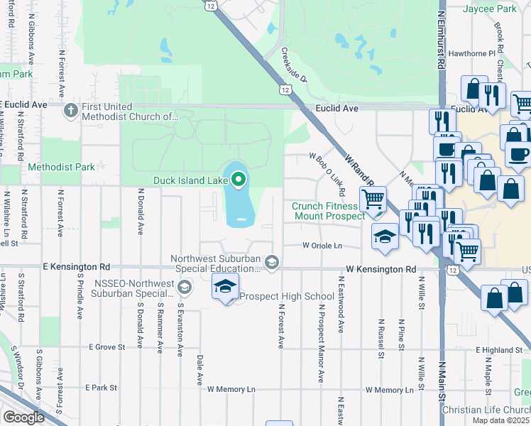 map of restaurants, bars, coffee shops, grocery stores, and more near 116 North Regency Drive East in Arlington Heights