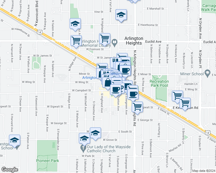 map of restaurants, bars, coffee shops, grocery stores, and more near in Arlington Heights