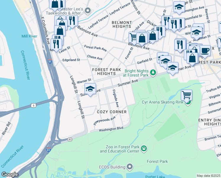 map of restaurants, bars, coffee shops, grocery stores, and more near 129 Sumner Avenue in Springfield