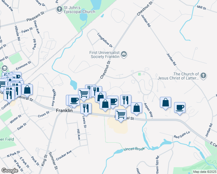 map of restaurants, bars, coffee shops, grocery stores, and more near 272 Glen Meadow Road in Franklin