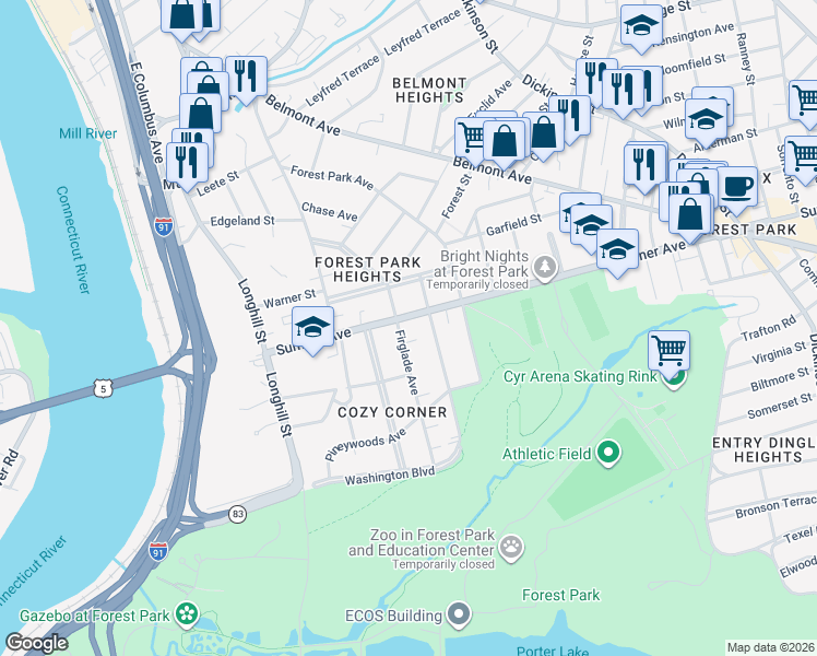 map of restaurants, bars, coffee shops, grocery stores, and more near 146 Sumner Avenue in Springfield