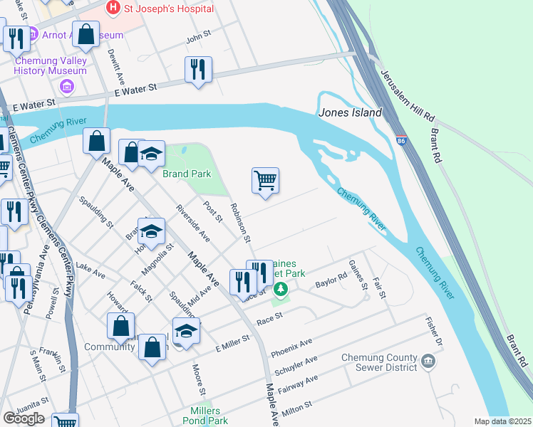 map of restaurants, bars, coffee shops, grocery stores, and more near 523 Esty St in Elmira