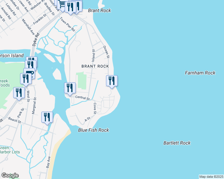 map of restaurants, bars, coffee shops, grocery stores, and more near 12 Ocean Street in Marshfield