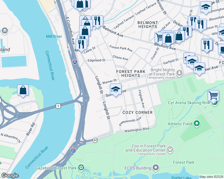 map of restaurants, bars, coffee shops, grocery stores, and more near 34 Sumner Avenue in Springfield