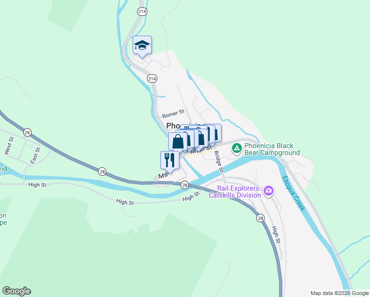 map of restaurants, bars, coffee shops, grocery stores, and more near 48 New York 214 in Phoenicia