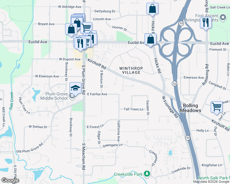 map of restaurants, bars, coffee shops, grocery stores, and more near 2450 Chas Drive in Rolling Meadows