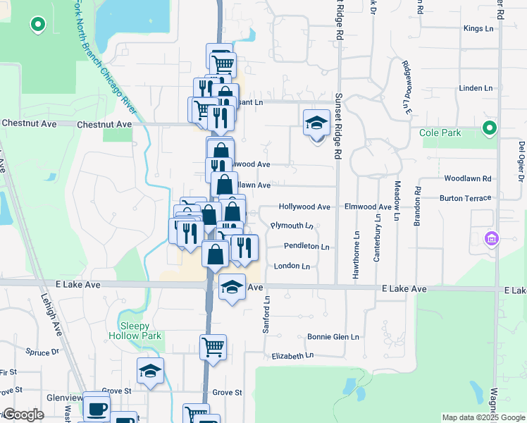 map of restaurants, bars, coffee shops, grocery stores, and more near 1440 Hollywood Avenue in Glenview