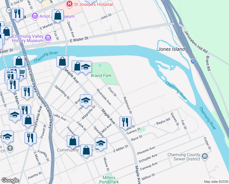 map of restaurants, bars, coffee shops, grocery stores, and more near 569 Post Street in Elmira