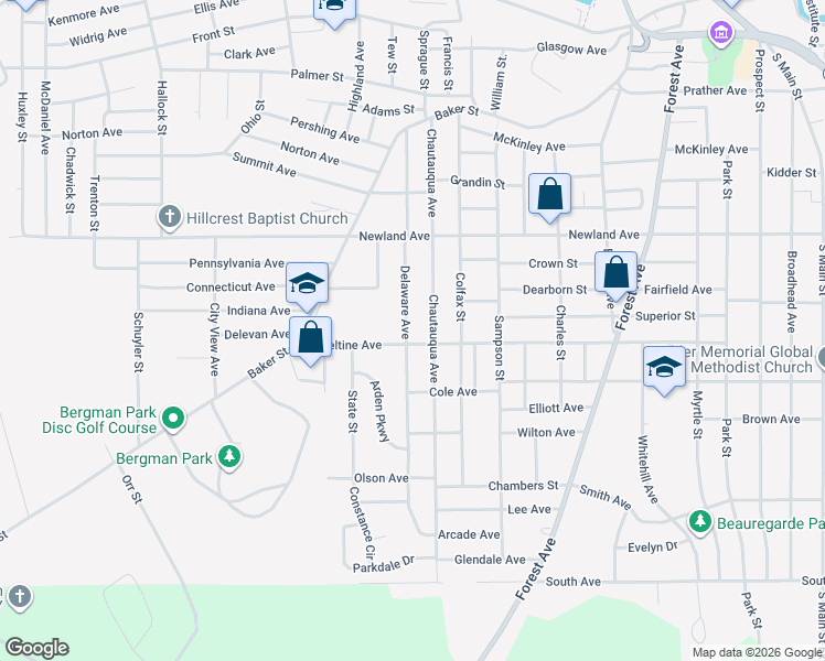 map of restaurants, bars, coffee shops, grocery stores, and more near 253 Delaware Avenue in Jamestown
