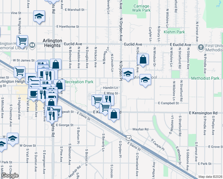 map of restaurants, bars, coffee shops, grocery stores, and more near 110 North Lincoln Lane in Arlington Heights