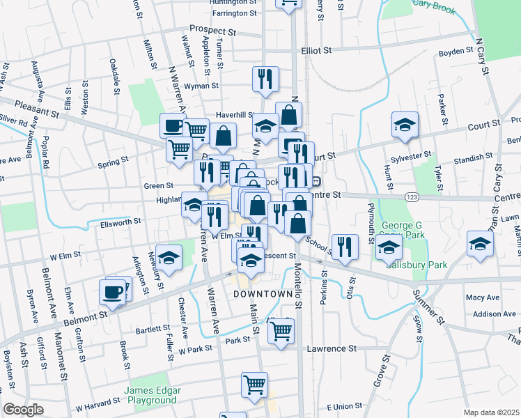 map of restaurants, bars, coffee shops, grocery stores, and more near 1 Centre Street in Brockton