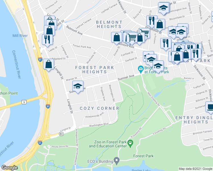 map of restaurants, bars, coffee shops, grocery stores, and more near 182 Sumner Avenue in Springfield