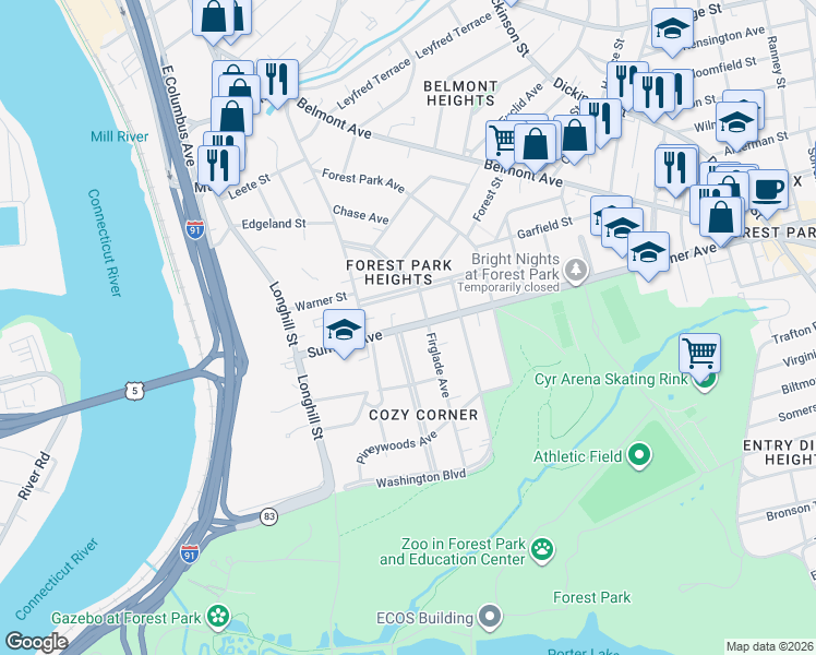 map of restaurants, bars, coffee shops, grocery stores, and more near 146 Sumner Avenue in Springfield
