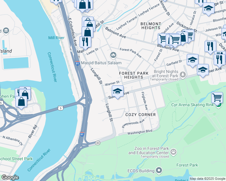 map of restaurants, bars, coffee shops, grocery stores, and more near 25 Warner Street in Springfield