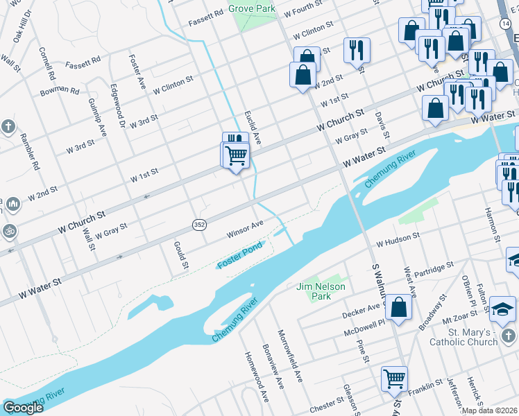 map of restaurants, bars, coffee shops, grocery stores, and more near 630 West Water Street in Elmira