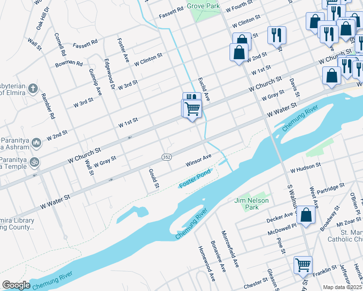 map of restaurants, bars, coffee shops, grocery stores, and more near 717 West Gray Street in Elmira