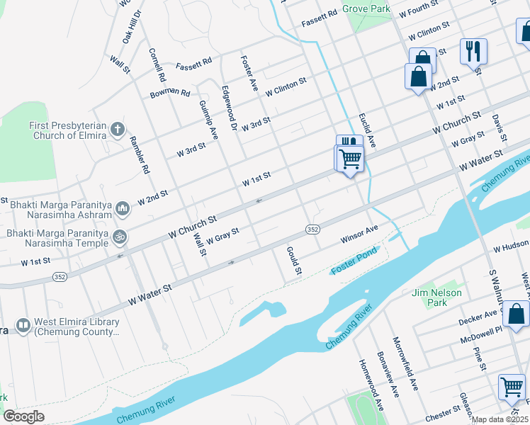 map of restaurants, bars, coffee shops, grocery stores, and more near 820 West Church Street in Elmira