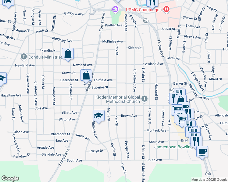 map of restaurants, bars, coffee shops, grocery stores, and more near 12 Superior Street in Jamestown