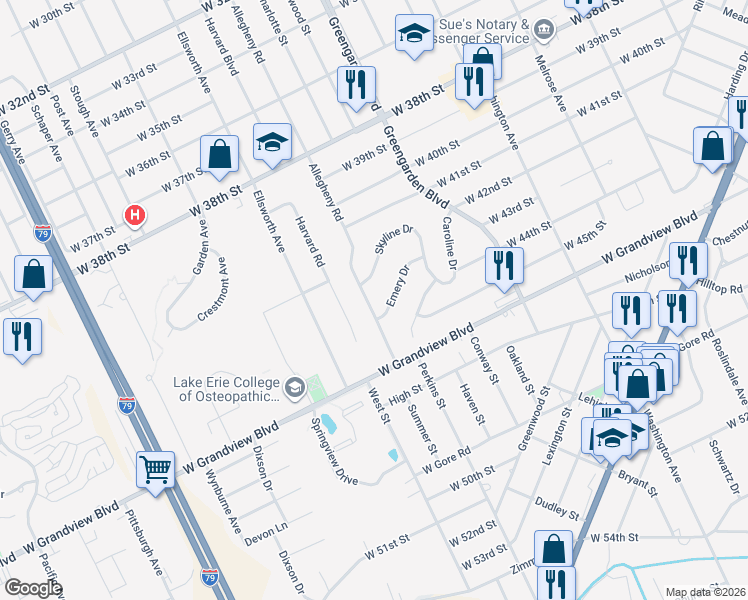 map of restaurants, bars, coffee shops, grocery stores, and more near 1750 Emery Drive in Erie