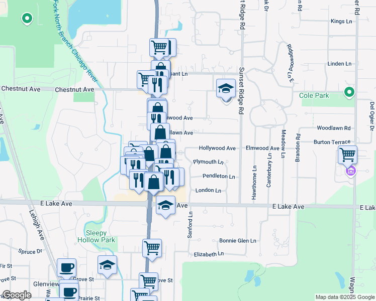 map of restaurants, bars, coffee shops, grocery stores, and more near 1440 Hollywood Avenue in Glenview
