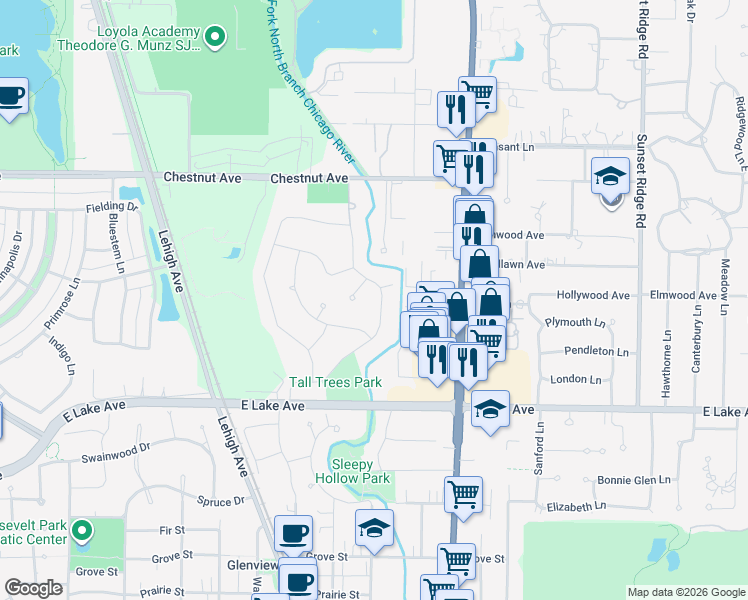 map of restaurants, bars, coffee shops, grocery stores, and more near 1524 Sequoia Trail in Glenview
