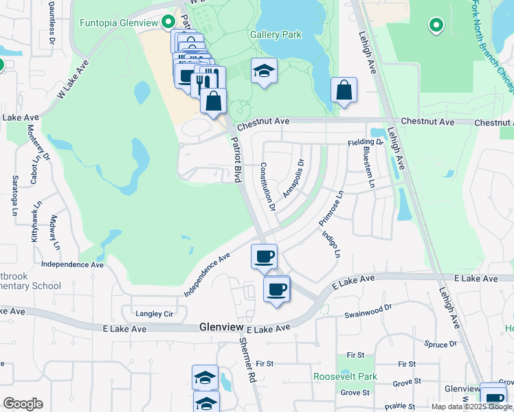 map of restaurants, bars, coffee shops, grocery stores, and more near 1600 Patriot Boulevard in Glenview