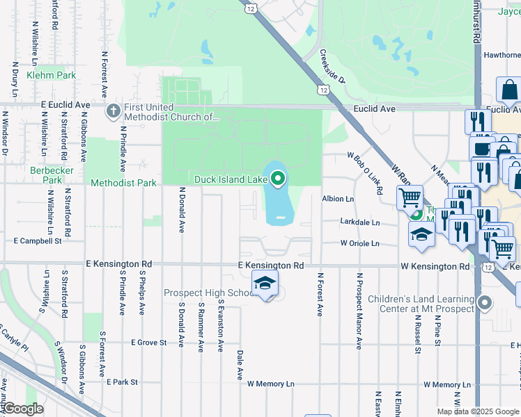 map of restaurants, bars, coffee shops, grocery stores, and more near 115 North Peartree Lane in Arlington Heights