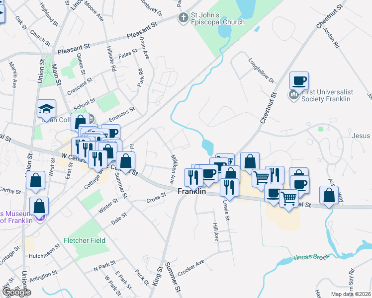 map of restaurants, bars, coffee shops, grocery stores, and more near 67 Milliken Avenue in Franklin