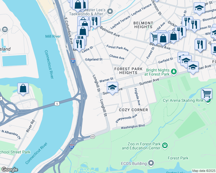 map of restaurants, bars, coffee shops, grocery stores, and more near 34 Sumner Avenue in Springfield