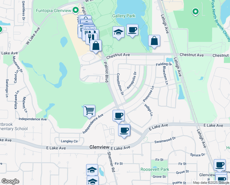 map of restaurants, bars, coffee shops, grocery stores, and more near 1600 Patriot Boulevard in Glenview