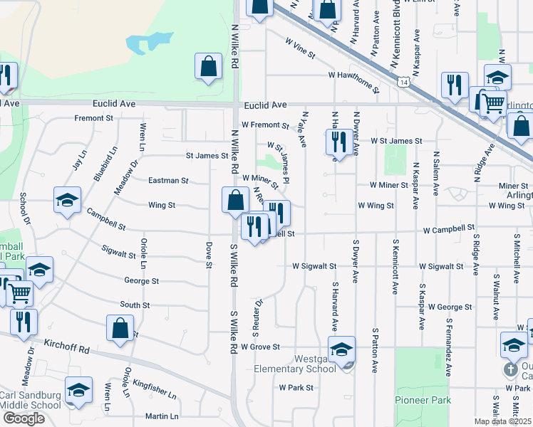 map of restaurants, bars, coffee shops, grocery stores, and more near 116 North Reuter Drive in Arlington Heights