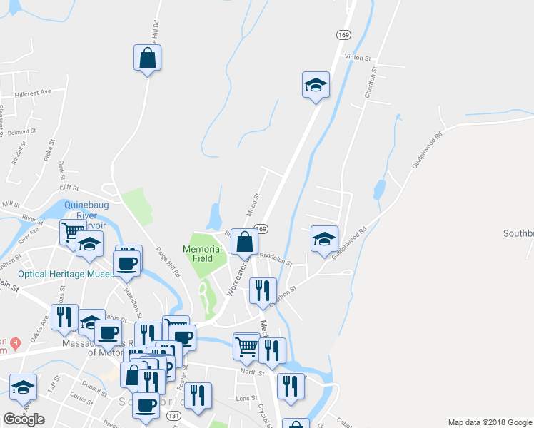 map of restaurants, bars, coffee shops, grocery stores, and more near 183 Worcester Street in Southbridge