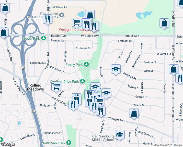 map of restaurants, bars, coffee shops, grocery stores, and more near 3251 Campbell Street in Rolling Meadows